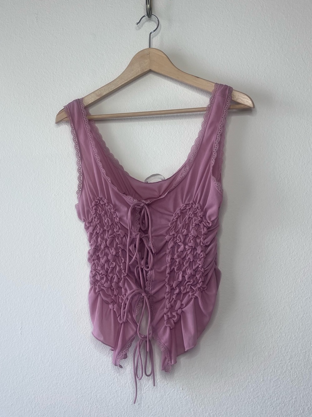 Zara Mauve Lace-Trim Ruffled Tie-Front Top